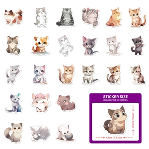 Set of 50 watercolor cartoon cat stickers for laptops featuring diverse cute pet patterns