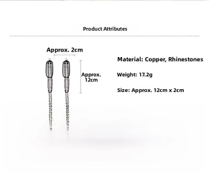 Detailed view of silver needle tassel earrings with black rhinestones and size measurements