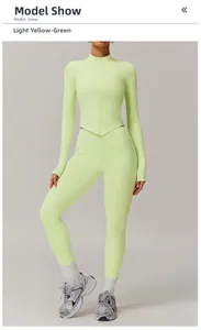 Détails de l'ensemble de yoga vert-jaune clair avec veste zippée et legging de sport