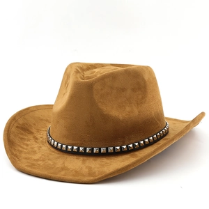 Close-up of tan suede cowboy hat featuring a black leather band with silver metal studs