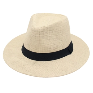 Classic beige straw fedora sun hat with black band and wide brim for summer beachwear