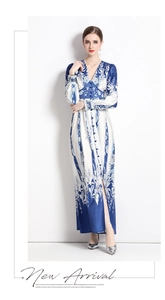 Detail of V-neck long-sleeved floral dress in blue and white with single-breasted design