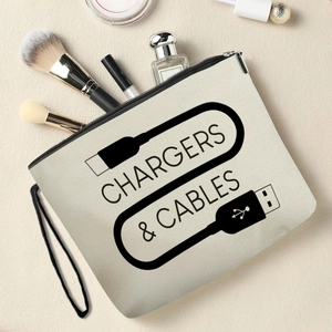 Portable cream canvas electronics organizer bag for chargers and cables with wrist strap