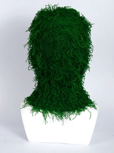 Macro shot of dark green knitted balaclava featuring dense soft long fringe details