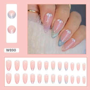 Detail of 24pcs almond nails with pink gradient glitter and white daisy patterns