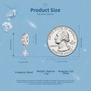 Size chart for 925 sterling silver star charm with 25 cent coin for scale