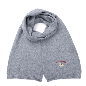 Detail of grey knitted scarf with Lucky Pipplegg lettering and white puppy embroidery