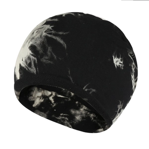 Unisex black and white tie-dye knitted beanie hat with stylish rolled edges and warm texture