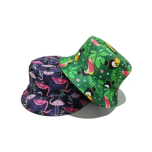 Tropical flamingo and toucan print bucket hats for summer sun protection and travel