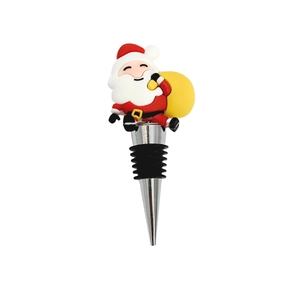 Festive Santa Claus wine bottle stopper with colorful PVC top and metal vacuum seal