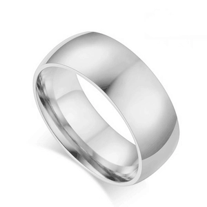Polished silver titanium steel wide band ring for couples featuring a minimalist smooth finish