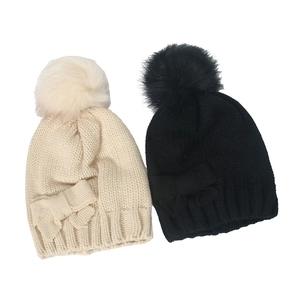 Winter Knitted Beanie Hat With Faux Fur Pom Pom And Bow Acrylic Warm Windproof Soft Cute Accessory For Women Girls