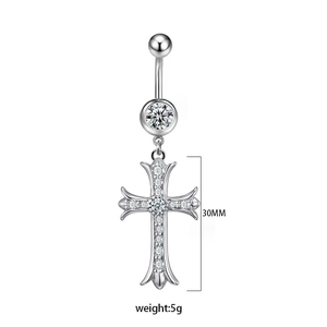 Detailed view of gothic cross belly ring with sparkling crystals and size measurements