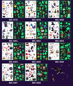 Detailed grid showing luminous Halloween cartoon tattoos with glow-in-the-dark effect