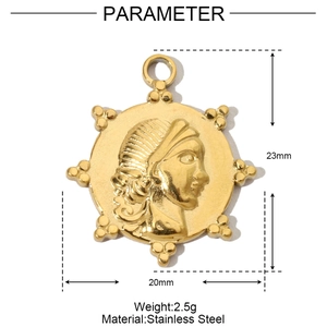 Detailed size parameter view of a 20mm round gold-plated stainless steel portrait pendant