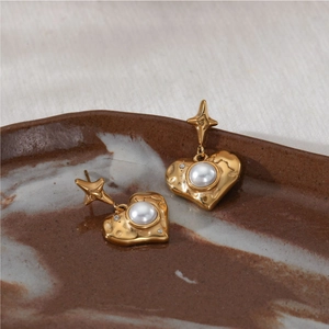 Boucles D'oreilles Pendantes Coeur Vintage Avec Tige Étoile Acier Inoxydable Texture Lave Künstliche Perle D'imitation Pour Femmes