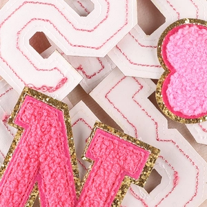 Pink chenille embroidery letter patches with gold glitter border for clothing DIY