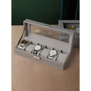 Luxury 6-slot grey PU leather watch box with transparent glass lid and metal lock