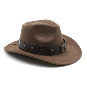 Detail of dark brown faux suede cowboy hat with vintage star studs and leather band