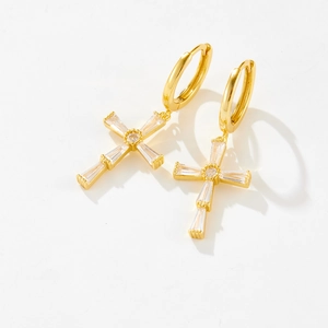 Elegant gold S925 sterling silver hoop earrings with shimmering crystal cross pendants