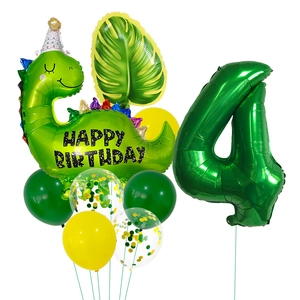 Détail du kit ballons dinosaure 4 ans avec chiffre vert et ballons en latex colorés