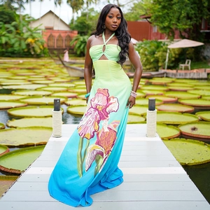 Halter neck ombre maxi dress with floral print and cutout detail for beach vacation