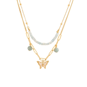 Double-layered golden butterfly necklace with light blue stones and paperclip chain
