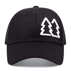 Cappello trucker nero a rete con ricamo a doppio albero bianco e pannello traspirante