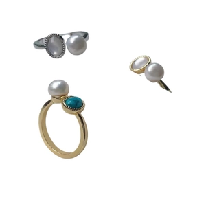Minimalist pearl and turquoise open ring set in gold and silver finish for women