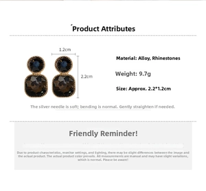 Detail showing vintage black geometric crystal earrings with dimensions and material specs