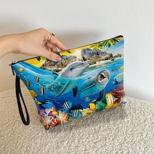 Dolphin Ocean Print Makeup Bag Fine Linen Zippered Pouch With Wrist Strap Portable Travel Cosmetic Case Stationery Bag