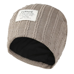 Khaki cable-knit slouchy beanie for men and women with warm lining and decorative patch