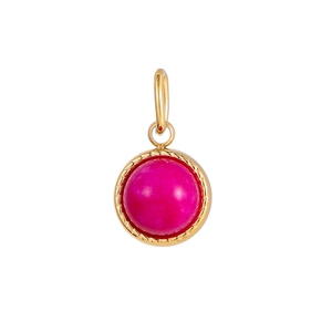 Close-up of a round rose red stone pendant with a twisted gold metal border frame