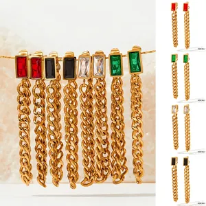 Long Tassel Dangle Earrings For Women Stainless Steel With Square Cubic Zirconia Cuban Link Chain Non Tarnish Jewelry