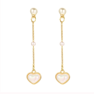 French vintage style heart tassel earrings with gold plating and white pearls