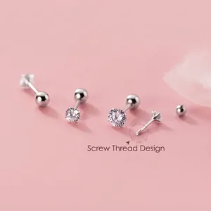 925 Sterling Silver Screw Back Stud Earrings For Women Clear Round Zirconia Four Prong Hypoallergenic Minimalist Daily Jewelry