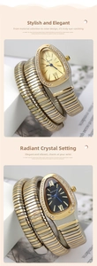 Detail of snake-shaped quartz watch with a diamond-encrusted bezel and spiral metal band