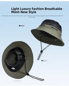 Detail view of military green bucket hat featuring breathable double-layer black mesh and chin strap