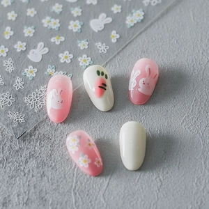 5D Embossed Nail Art Stickers Cartoon Rabbit White Daisy 3D Self Adhesive Manicure Decoration For Women