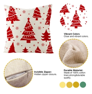 Detail of Christmas pillow cover showing red tree print and hidden zipper texture