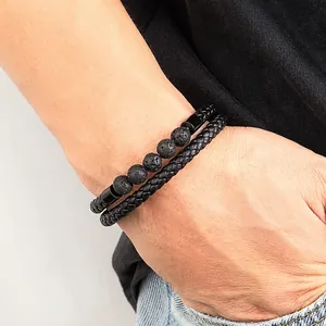 Men's double-layered set of braided leather and natural lava stone bead bracelets