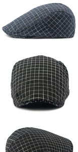 Detailed views of a vintage navy plaid flat cap showing cotton texture and stitching