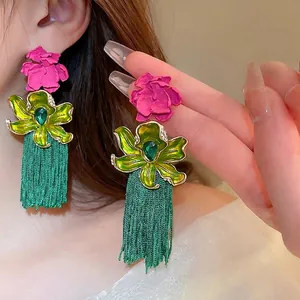 Boucles D Oreilles À Pampilles Fleurs Bohème Pour Femmes Grandes Fleurs En Résine Émail Alliage Avec Clou En Argent 925