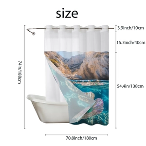 Detail of waffle weave shower curtain showing ocean landscape print and dimensions