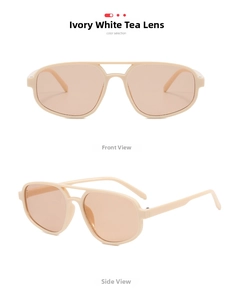 Detail of retro ivory white aviator sunglasses with dual-bridge and brown lenses