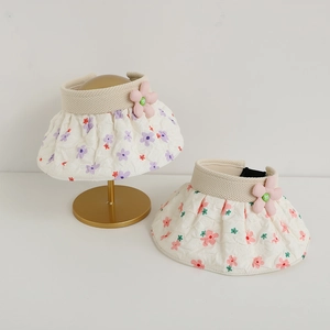 Detail of girls' floral sun visor with embossed fabric and 3D flower decoration