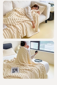 Cozy cream ribbed flannel blanket showing thick plush texture in a home lifestyle setting