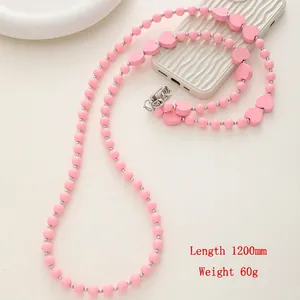 Pink heart and bead long acrylic mobile crossbody chain strap 1200mm length