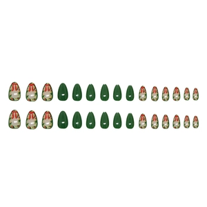 Christmas red bow and holly prints on 24-piece dark green almond press-on nails set