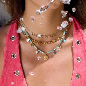 Layered 18K gold stainless steel necklace with turquoise, pearls and heart pendant